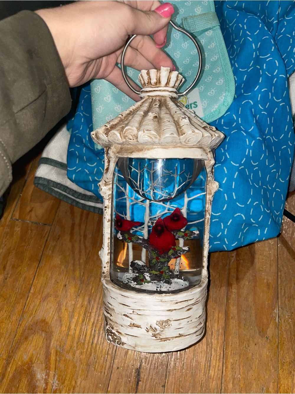 Rustic White Lantern with Red Cardinal Figurines - Home Accents